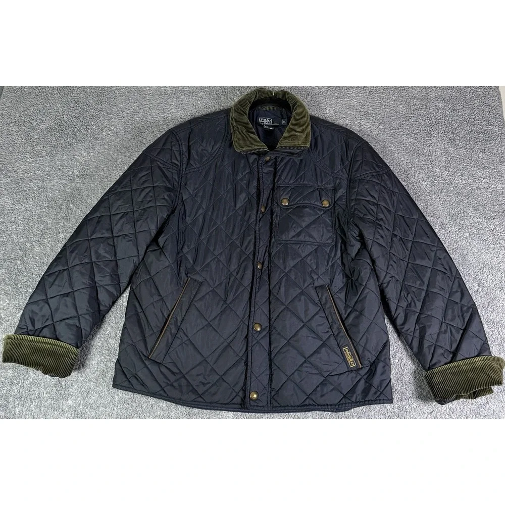 VTG 90s Polo Ralph Lauren Large Quilted Barn Jacket Navy Corduroy Collar READ